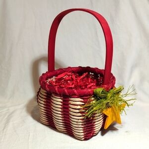 Basket, Red And Natural With Green Raffia and Two Yellow Stars